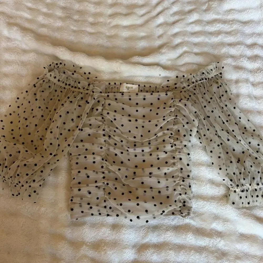 Anthropologie Maeve Ivory Black Polka Dot Ruched Puff Sleeve Blouse S